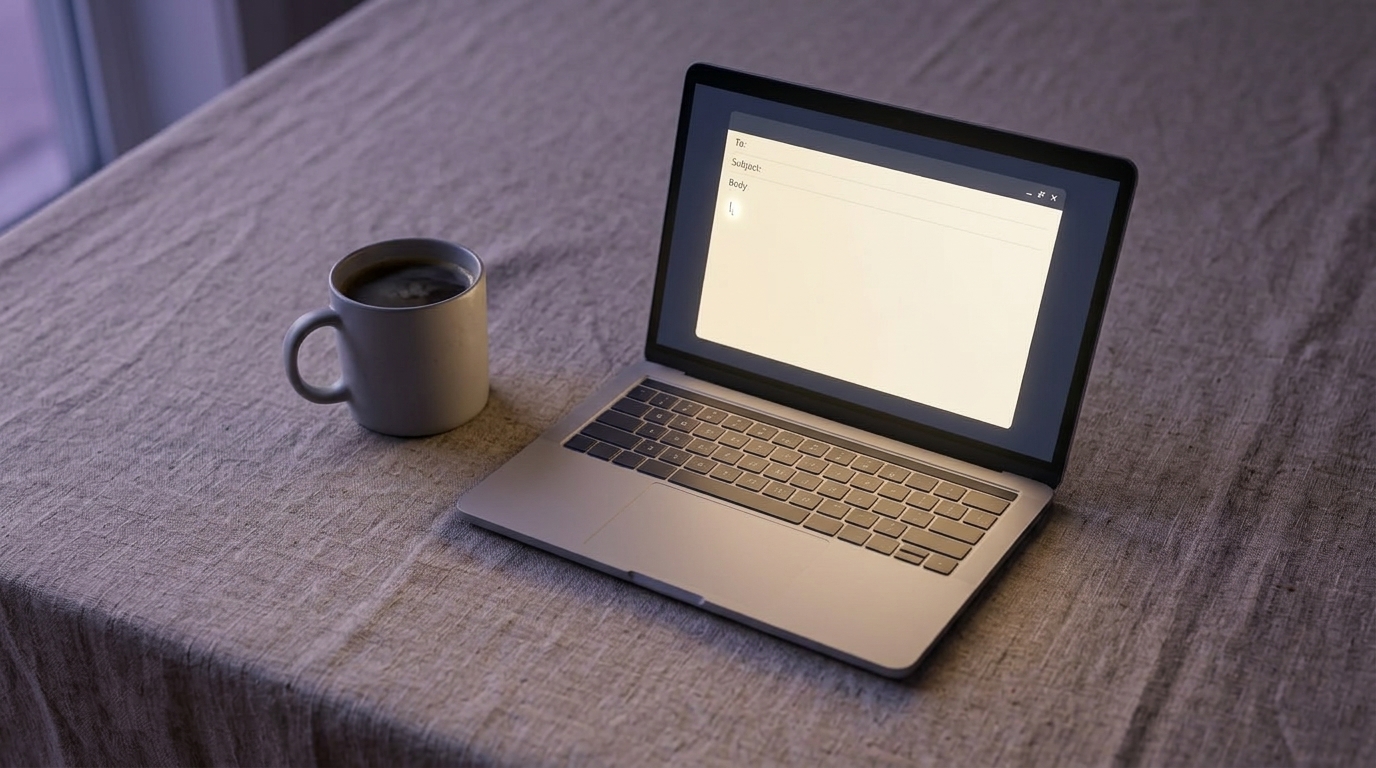 An empty email draft on a laptop at dusk