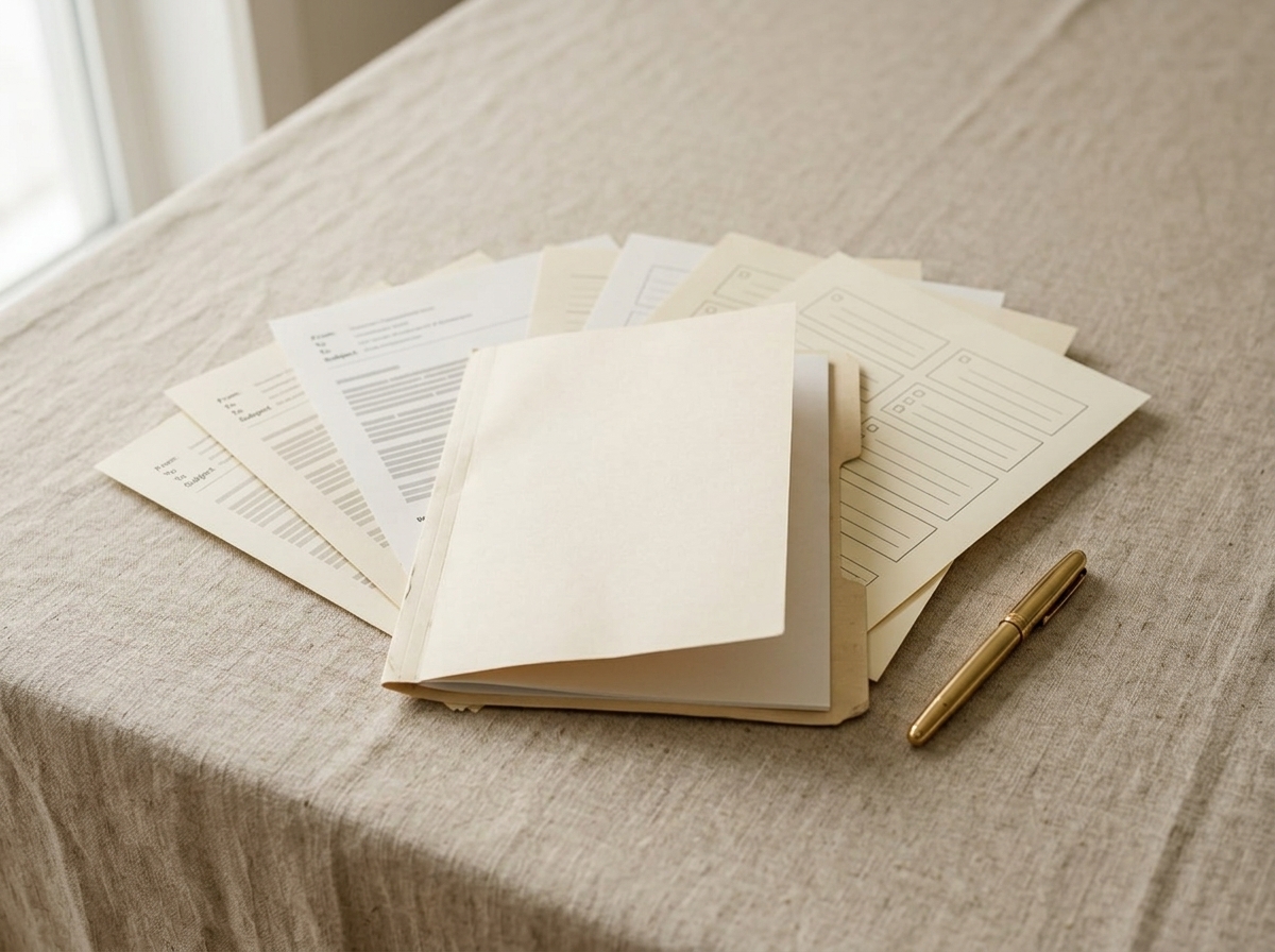Printed onboarding pages fanned out of a folder